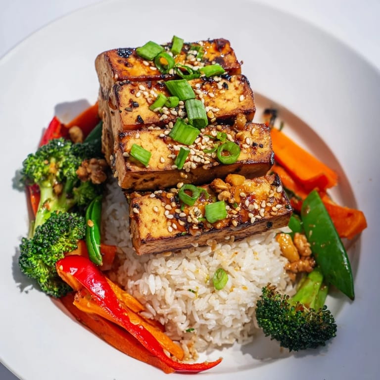 A plate of vibrant Pressed Tofu Steaks features a medley of colorful veggies; a complete vegan meal.
