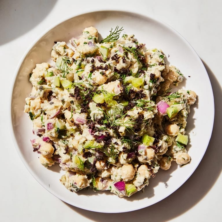 Plant-based chickpea tuna salad served, offering a healthy and flavorful alternative to tuna.