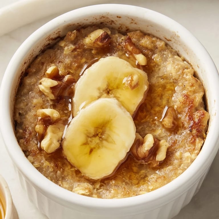 Golden-brown baked oats with banana and honey, perfect for a heartwarming breakfast, served warm and ready to eat.