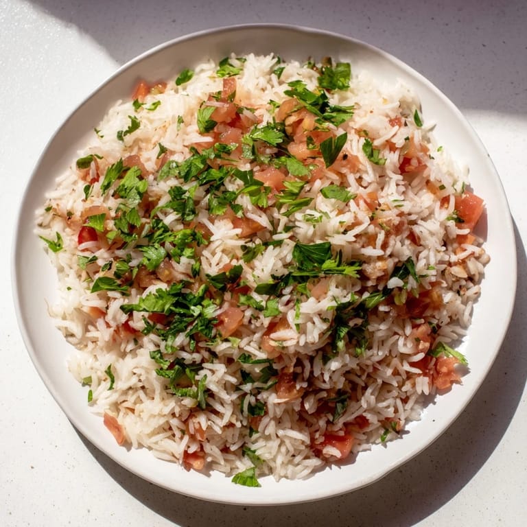 Golden onions and garlic infuse the flavorful Tomato-Rice Skillet Dinner, ready to serve hot.