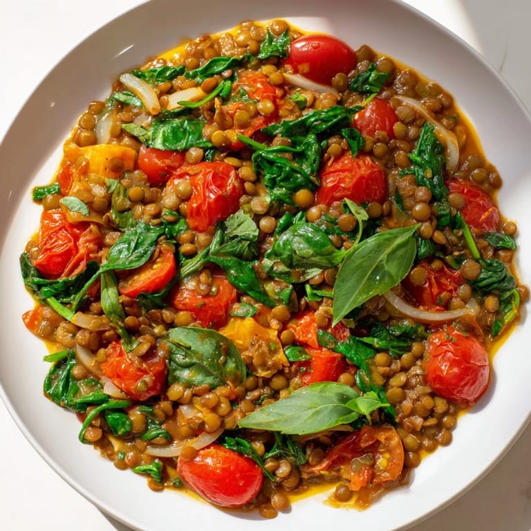 A close-up of a sizzling Lentil-Tomato Skillet, showcasing the rich tomato sauce and tender cooked lentils.