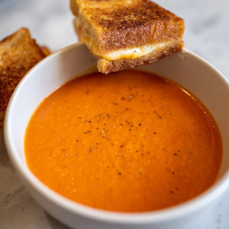 Melted cheddar oozes from the grilled cheese sandwiches, perfect to dip in this 5-Ingredient Tomato Soup.