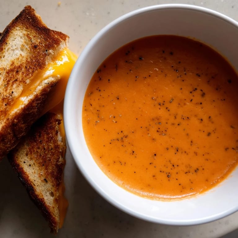 A delicious pairing: creamy 5-Ingredient Tomato Soup and crispy grilled cheese, a comforting American classic.