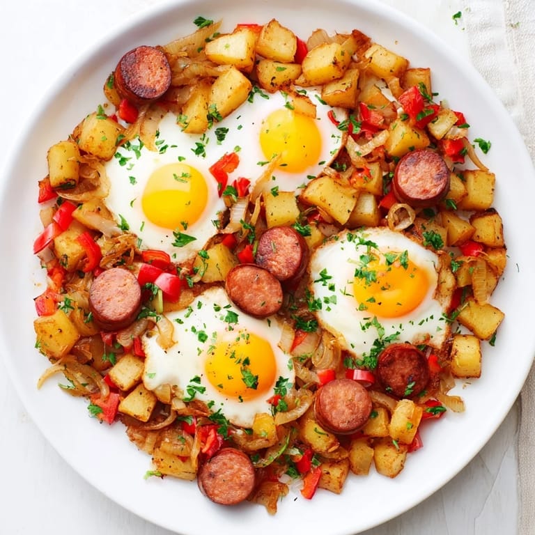 Crispy potatoes mingle with hot dogs in this delicious egg & potato hash, ready to be enjoyed.