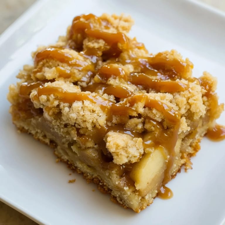 Close-up of freshly baked Caramel Apple Cookie Bars, showcasing the crisp top and cinnamon-spiced apple filling.
