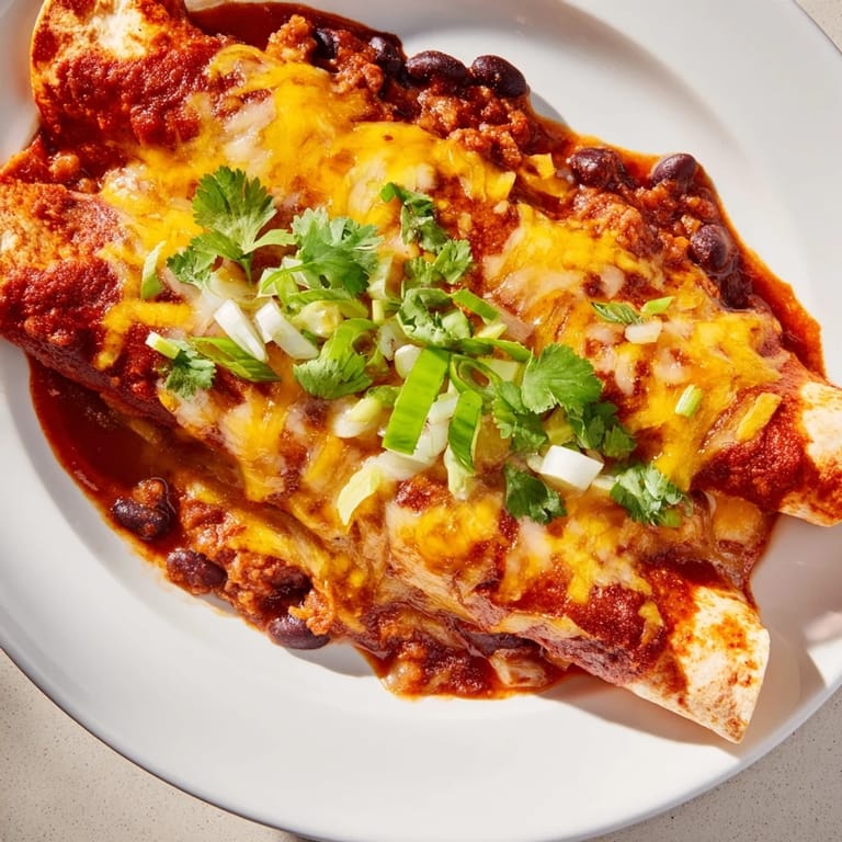 A baking dish filled with vibrant, cheesy Cheesy Bean Enchiladas; a comforting vegetarian delight.
