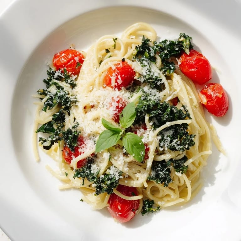Flavorful one-pot spaghetti dinner with kale, visible herbs, and parmesan, offering a comforting Italian taste.