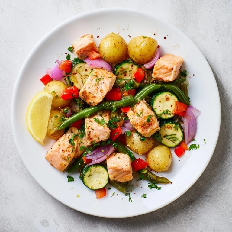 Tender salmon and potato skillet, fresh from the skillet, bursting with savory flavors, served hot.