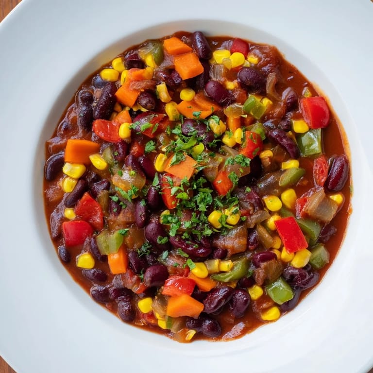 Hearty, homemade veggie chili with a rich tomato base, served with fresh cilantro and lime wedges.