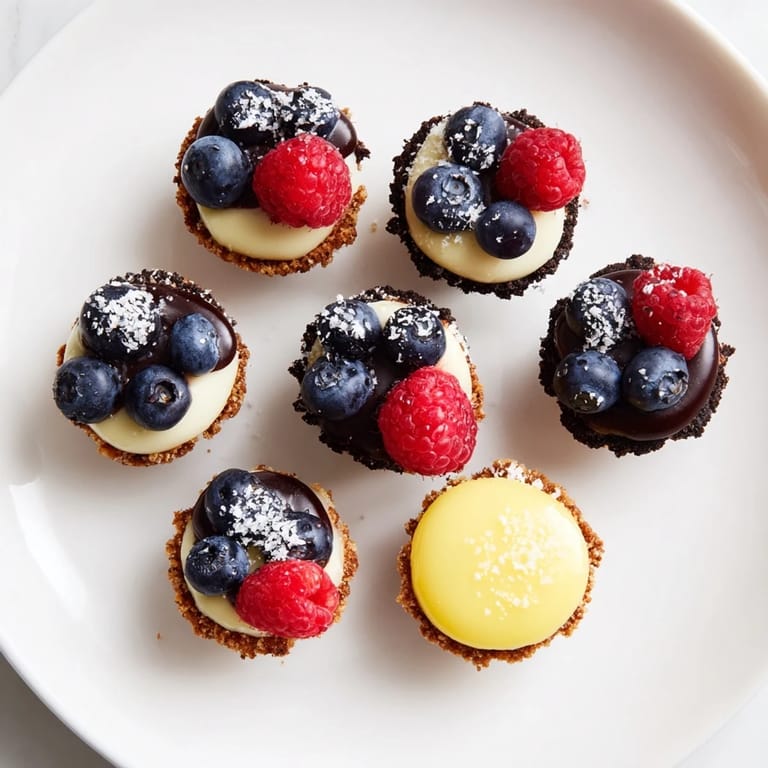Close-up of a spread of Mini Dessert Bites, including graham cracker crust cheesecake and golden tart shells.