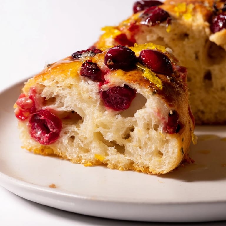Perfect for brunch, a close up of the homemade Cranberry Orange No-Knead Focaccia shows its dimpled top.