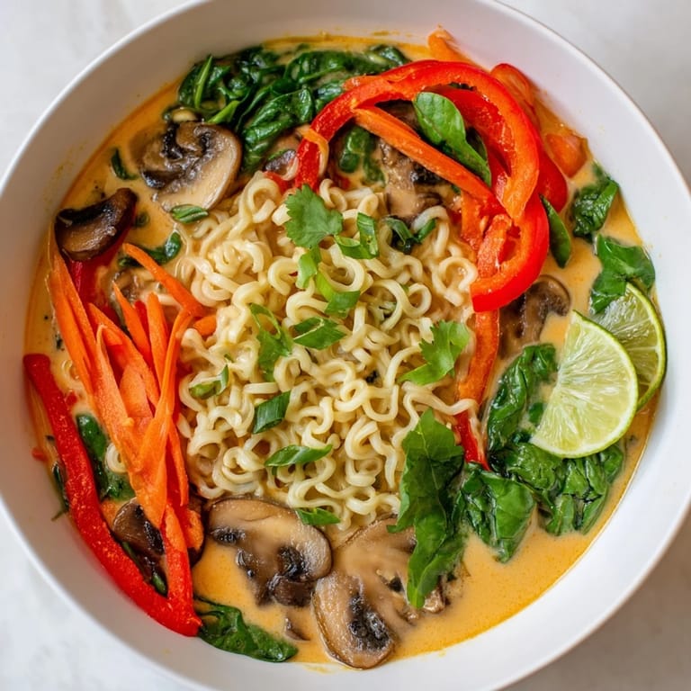 A delicious serving of vegan Curry Coconut Ramen, filled with vibrant vegetables and noodles.