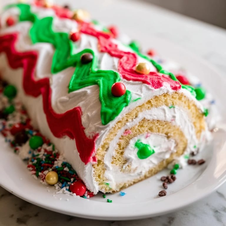 A store-bought Swiss roll is transformed into a whimsical, delicious Ugly Sweater Cake Roll dessert.