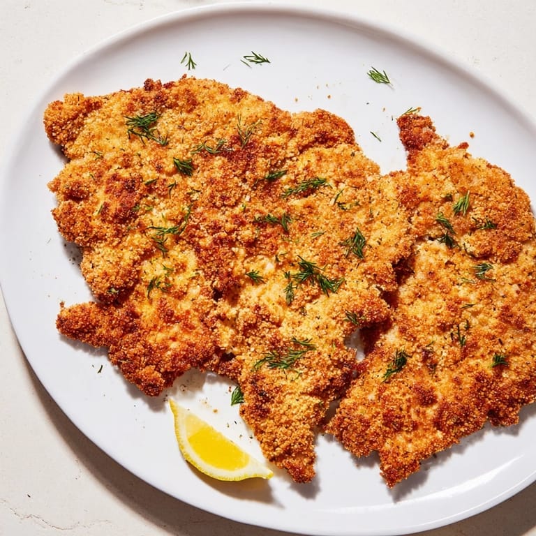 Juicy, pan-fried pickle-brined chicken cutlets, coated in a flavorful, crunchy breadcrumb crust.