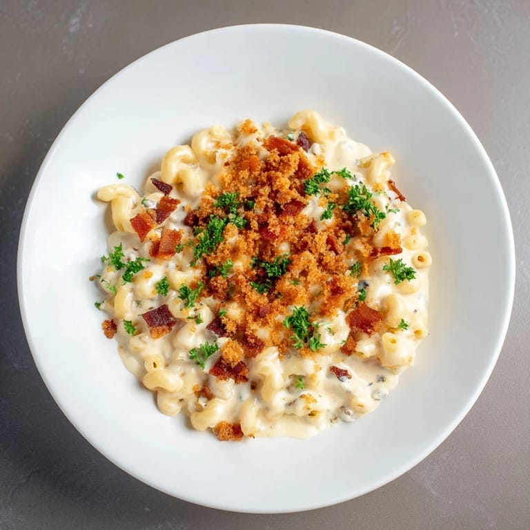 A close-up of sheet pan mac and cheese, featuring a molten cheese sauce & crunchy bacon topping.