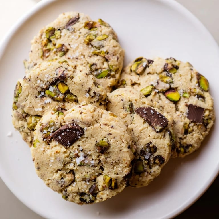 A close-up shot of homemade Salted Pistachio Chocolate Chunk Shortbread, sprinkled with flaky sea salt for a festive treat.