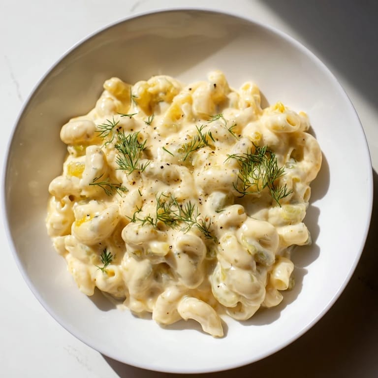 Freshly garnished, a bowl of bright green and yellow Pickle Mac and Cheese offers a tangy, comforting feast.
