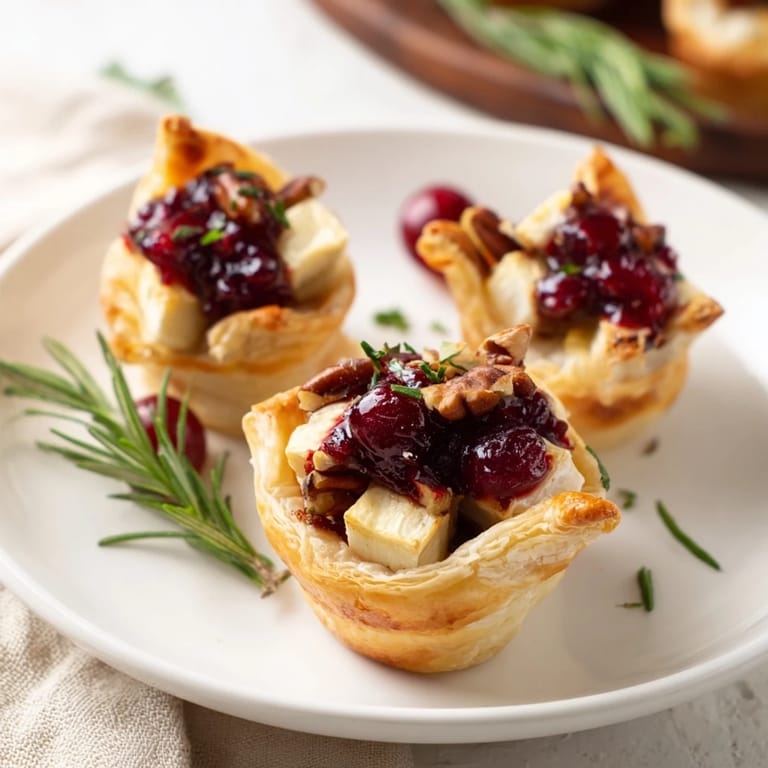 Tempting close-up of cranberry brie bites, showing flaky pastry and creamy Brie cheese filling.