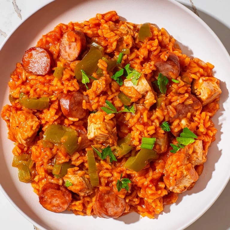 Golden-brown pieces of chicken and sausage visible in this comforting Simple Jambalaya Bake.
