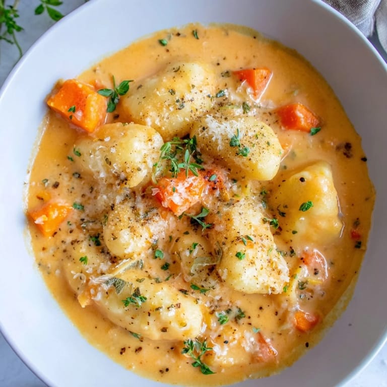 Close-up of golden Savory Butternut Squash Gnocchi Soup; imagine the warmth and inviting aroma.