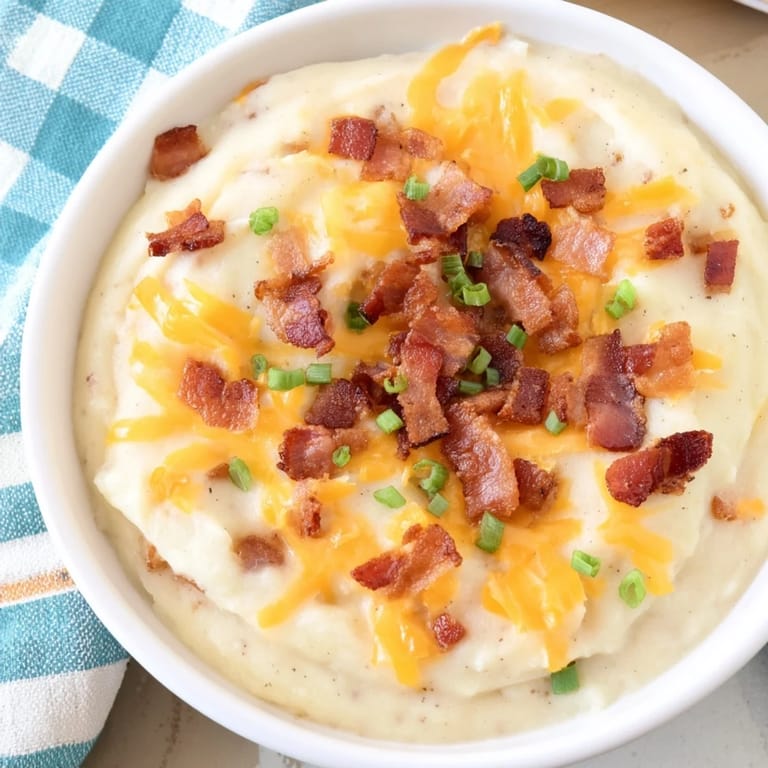 Golden, bubbling Crockpot Loaded Baked Potato Soup topped with fresh green onions, inviting you in.