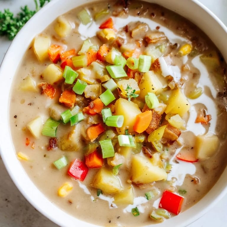 A steaming bowl of Slow Cooker Cajun Potato Soup with a sprinkle of fresh green onions.