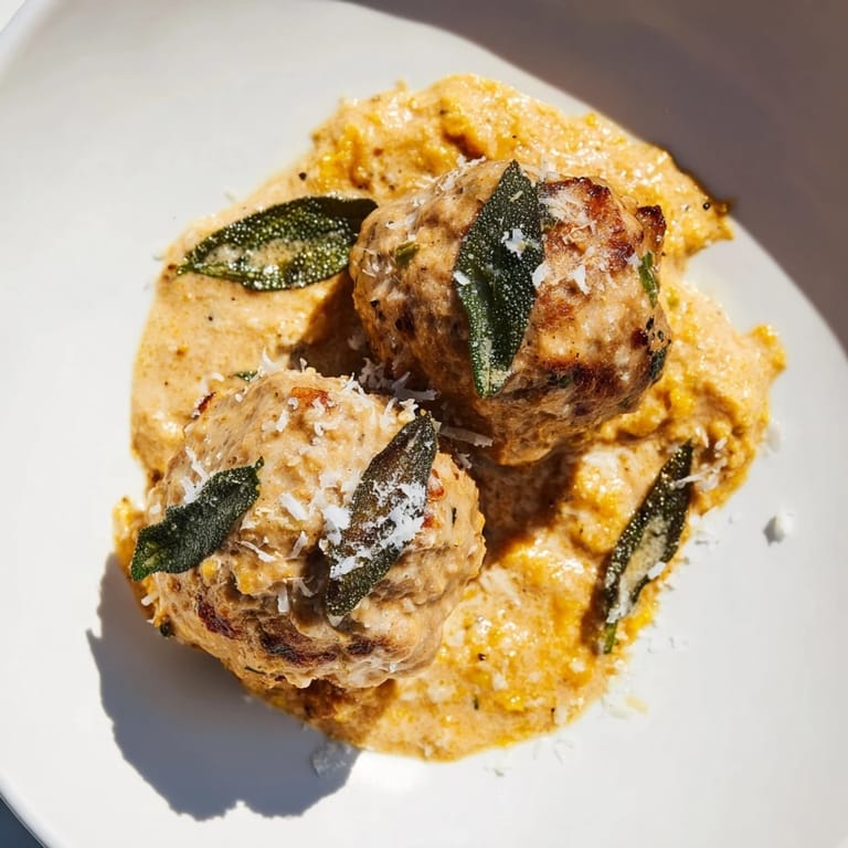 A comforting close-up shows juicy turkey meatballs simmering in rich pumpkin sage sauce.
