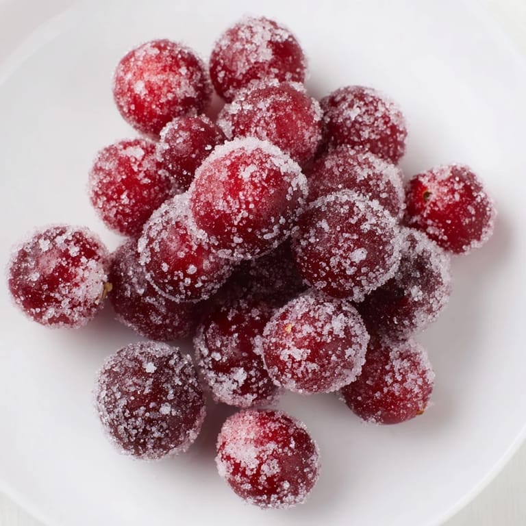 Close-up of freshly made 5-Minute Express Candied Cranberries showcasing a sweet and sugared coating.