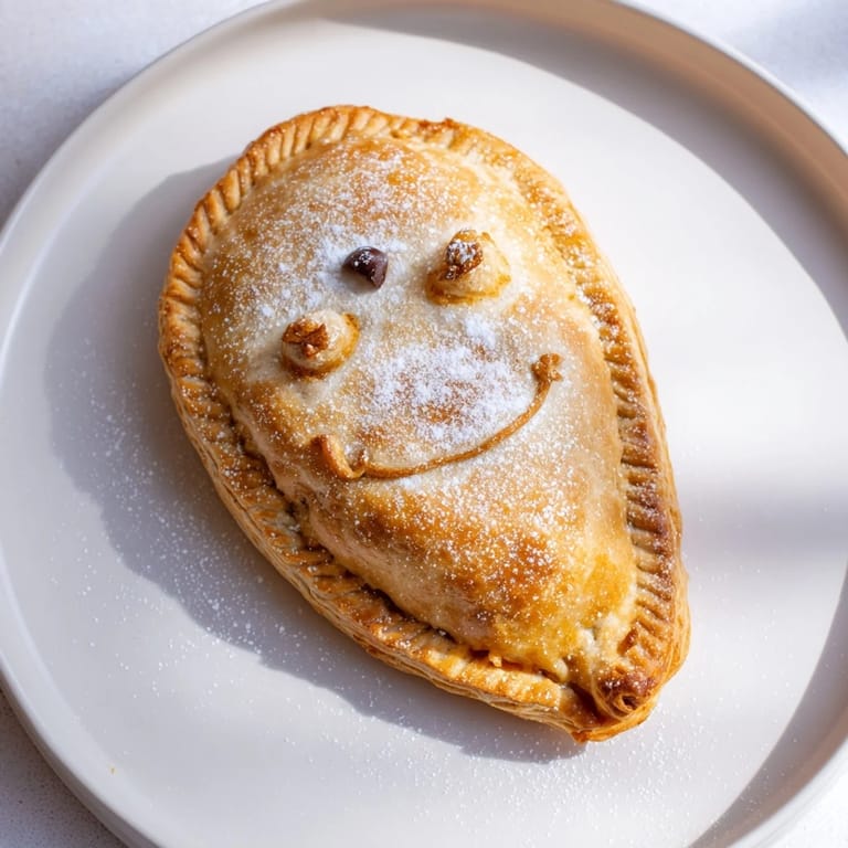 Flaky, baked Sleeping Gingerbread Puff Pastry Pockets, dusted with sugar and decorated as happy sleepers.