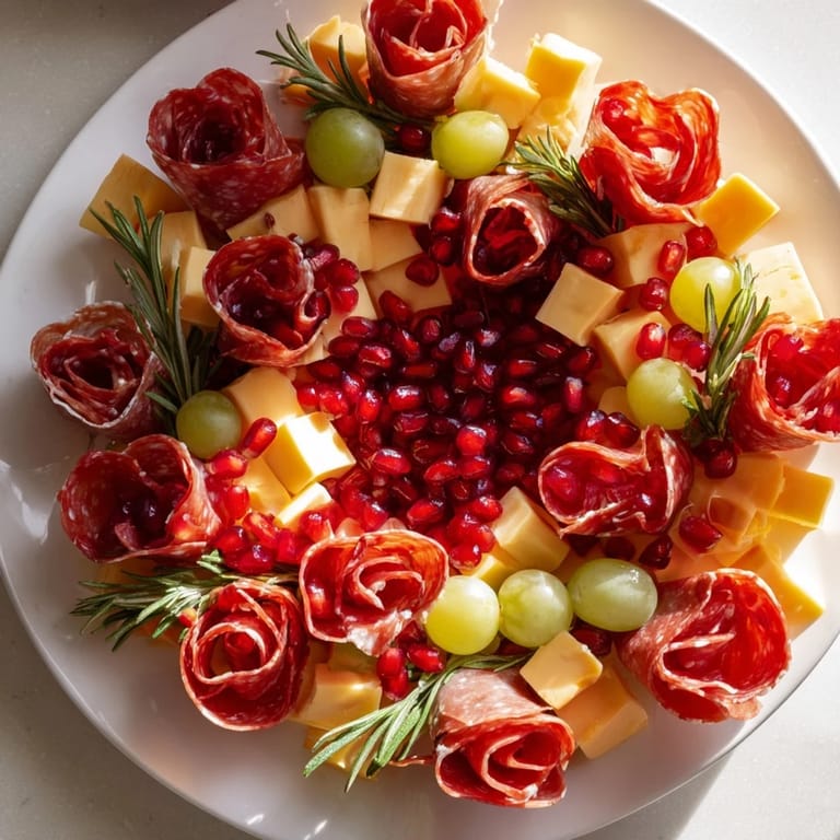 Beautifully arranged Quick Christmas Charcuterie Wreath Board featuring grapes, herbs, and tasty crackers to enjoy!