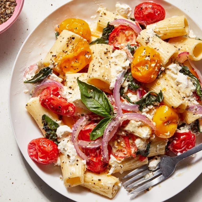 Golden feta cheese is surrounded by colorful vegetables in this easy One-Pan Baked Feta Christmas Pasta dish.
