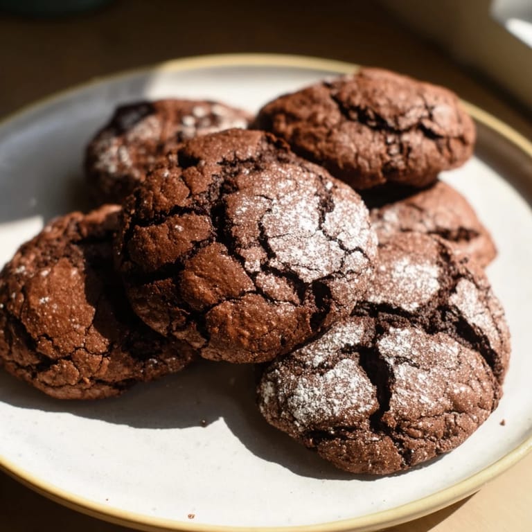 Close-up of perfect air-fried chocolate crinkle cookies, showing their crinkled tops and soft, fudge-like interior.