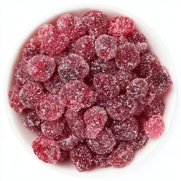 Vibrant red 5-Minute Express Candied Cranberries coated in sugar, perfect for your holiday snacking and garnishing.