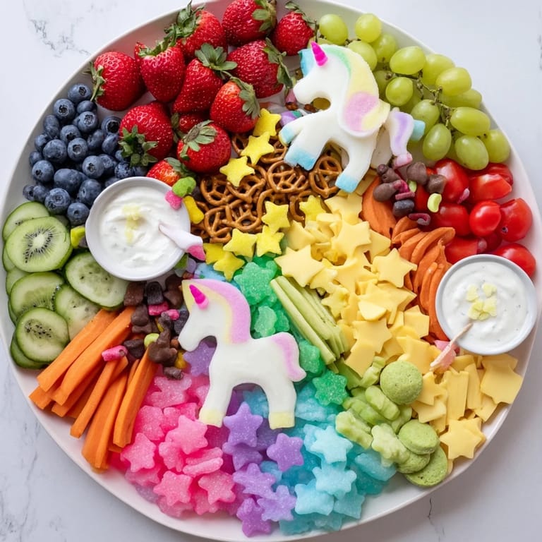 A rainbow-hued Unicorn Party Platter, full of fresh snacks and dips, perfect for any celebration with friends.