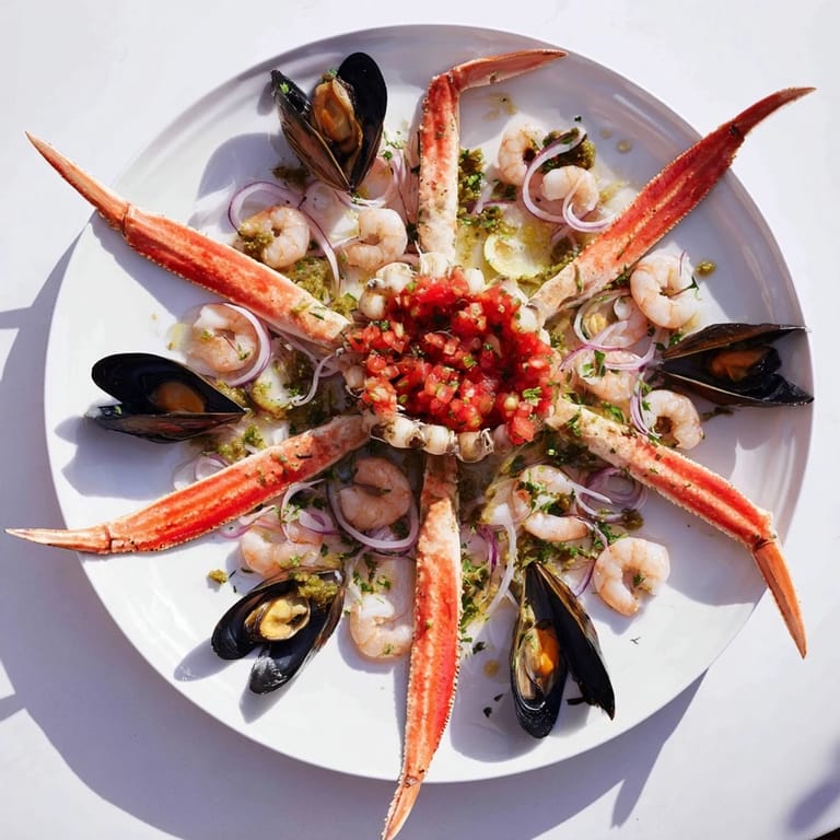 Beautifully arranged Starfish & Shell Appetizer Board, showcasing shrimp, scallops, and fresh garnishes for guests.