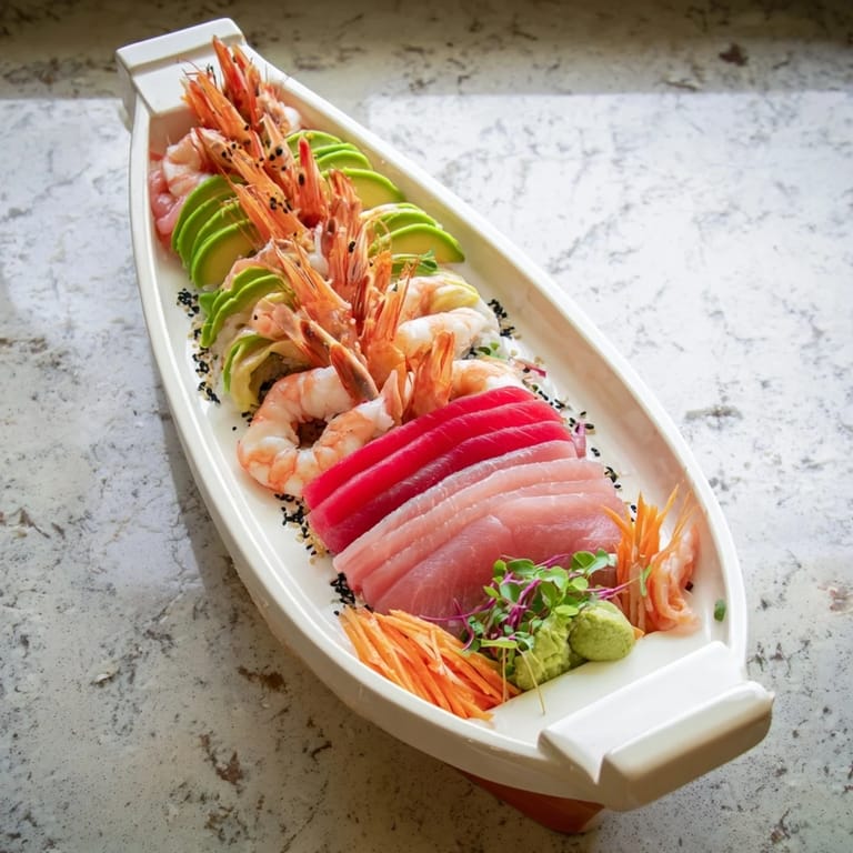 Sail Away Boat-Shaped Sushi Platter features fresh tuna, salmon, and vibrant sushi rolls on a stunning platter.