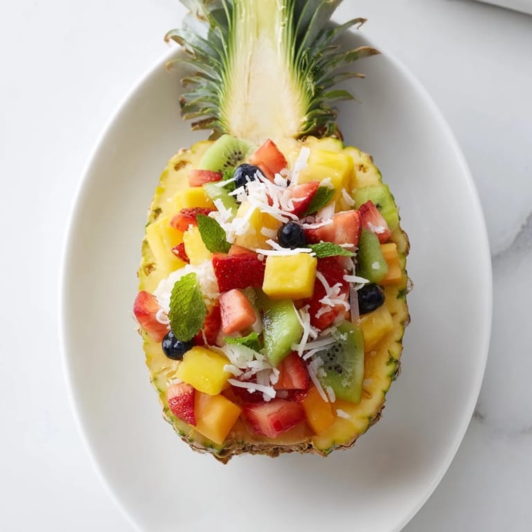 Bright Tropical Bliss Pineapple Fruit Boats, brimming with juicy mango and berries, are a sweet, refreshing treat.