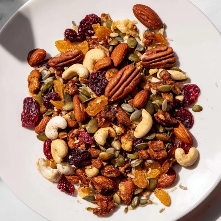 A generous serving of Nutty Nosh Squirrel Snack Mix with nuts and dried fruits, perfect for sharing.