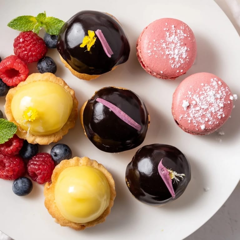 Glimpse this Montgolfière Dessert Platter: bite-sized French desserts ready for a fancy tea party, decorated with beautiful garnishes.