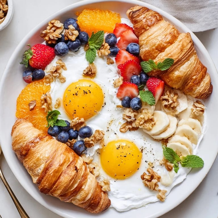 Visualizing a Soleil Matinal Breakfast Platter: Colorful fruits, creamy yogurt, and cooked eggs, elegantly arranged and ready.