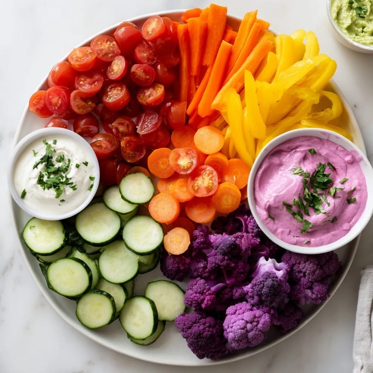 Bright and healthy Rainbow Vegetable Dips: a vibrant and appealing appetizer for any occasion.