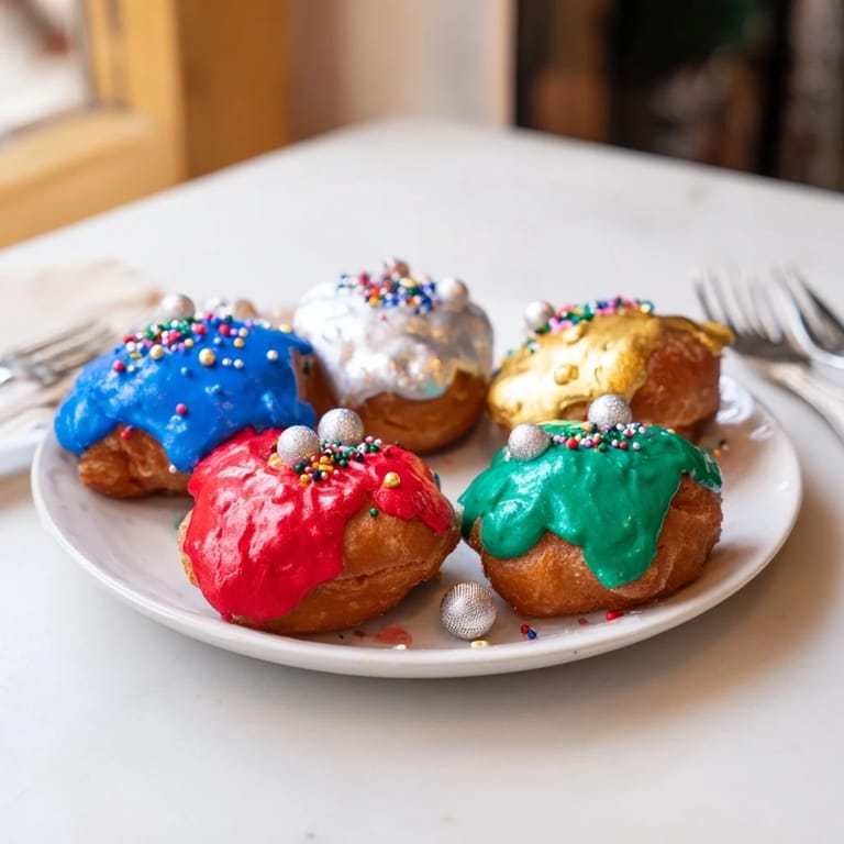 Delightful Christmas Ornament Beignets, fluffy and dusted with powdered sugar, ready to be enjoyed.