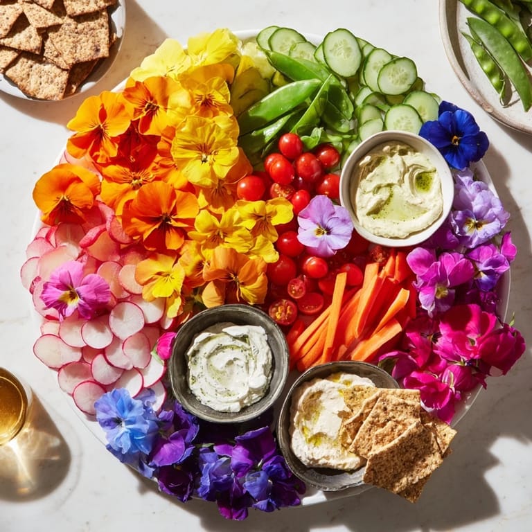 This Fairy Garden Platter displays a colorful assortment of fresh vegetables and edible blooms, perfect for sharing.