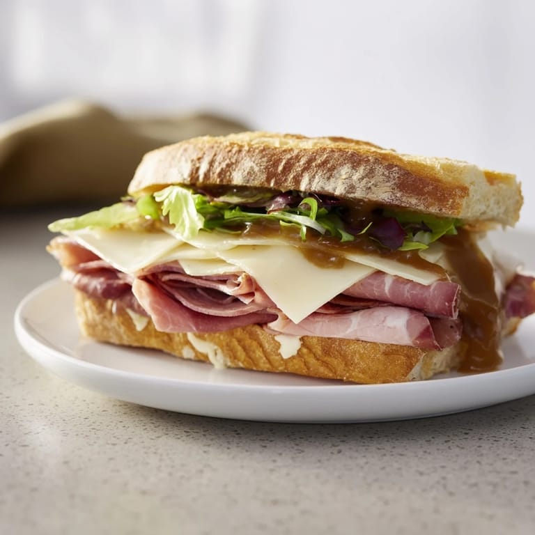 Close-up of Festin du Château Royal Sandwiches show tender meats, melted cheese, and vibrant fresh vegetables.