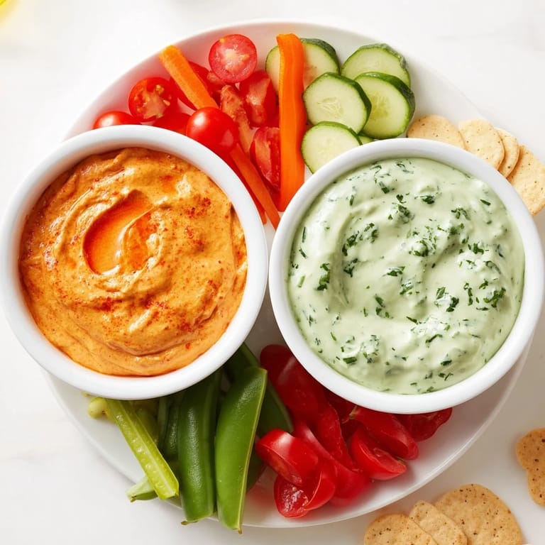 This Festive Dip board features creamy red and green dips nestled alongside colorful, crunchy dippers.