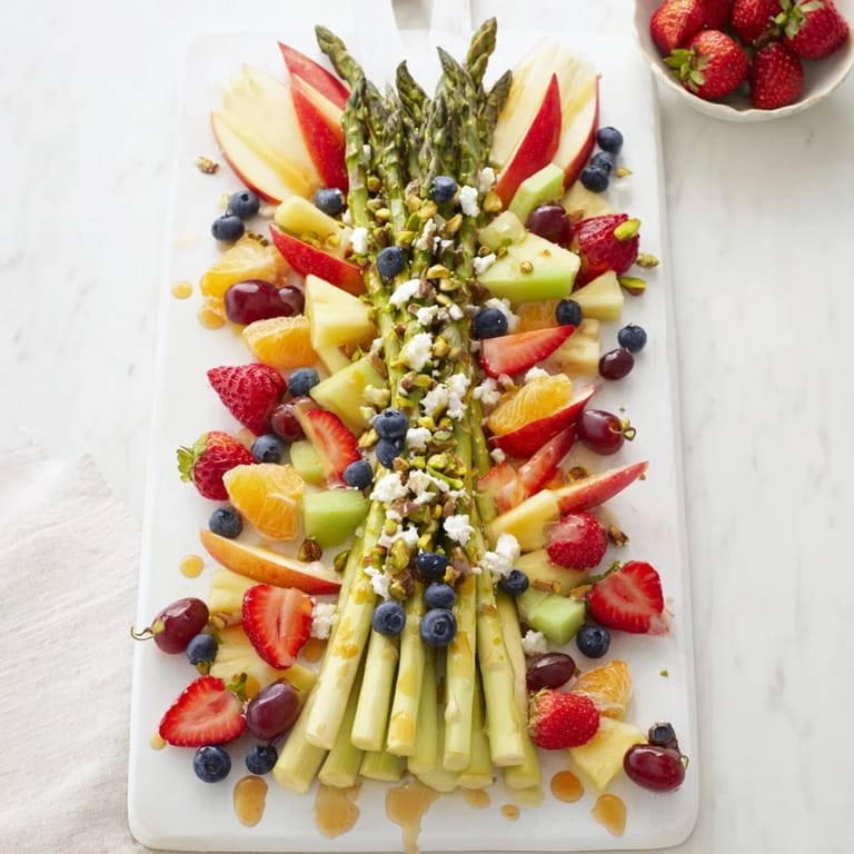 Imagine the flavors! This Asparagus Stem Floral Fruit Board showcases apples, kiwis, and a drizzle of honey.