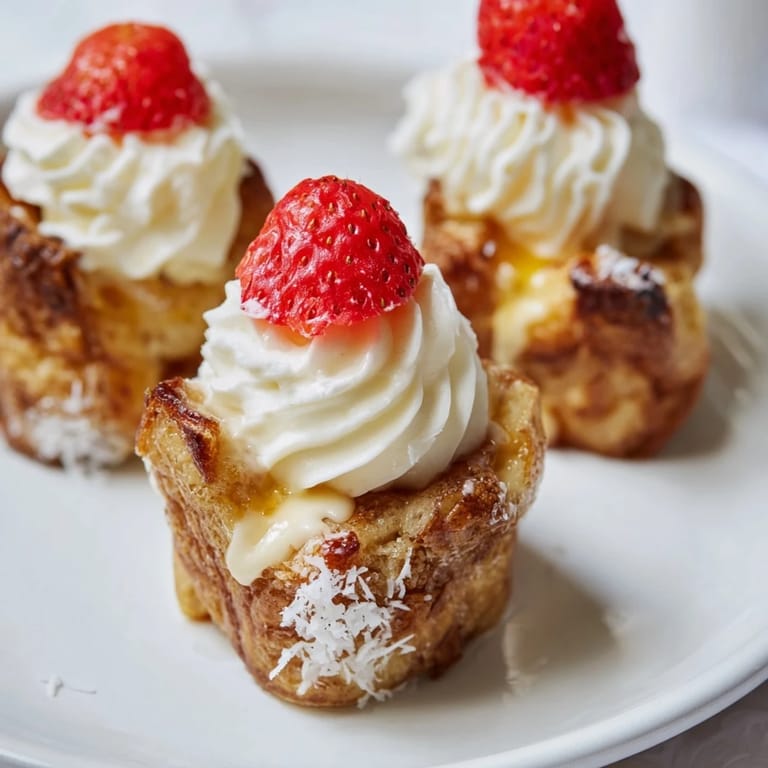 Soft and sweet Santa Hat Bread Pudding Bites with vibrant strawberry "hats" are perfect holiday treats.