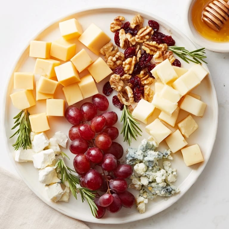 Tasteful arrangement: Cheddar, Brie, and Manchego cheeses nestle alongside a festive Cranberry Grape Man Cheese Board.