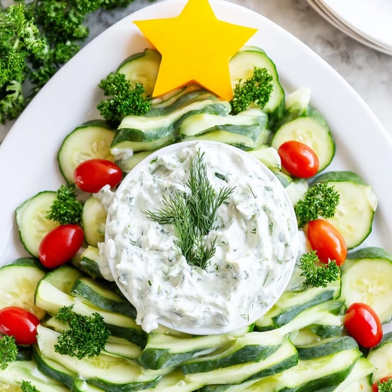 Vibrant red tomatoes and green cucumbers form a holiday tree around the delicious dip platter.