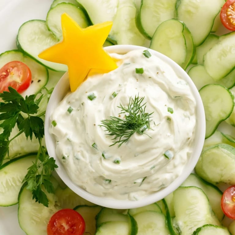 Fresh herbs garnish the cucumber and tomato tree dip, a perfect party appetizer to enjoy.